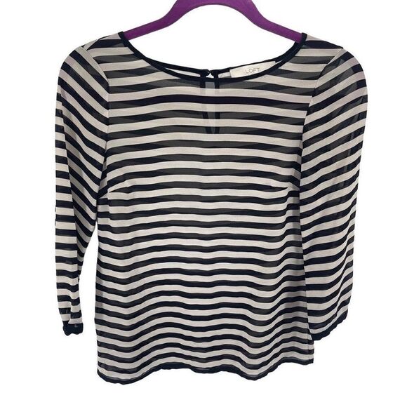 LOFT Womens Blouse Top Long Sleeve Striped Sheer Polyester Black White Size XSP - Picture 11 of 12